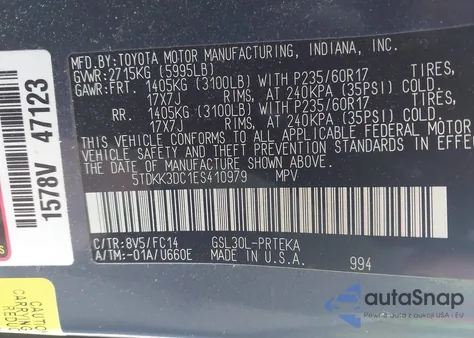 2014 Toyota Sienna Le V6 8 Passenger z USA, uszkodzony, nr VIN 5TDKK3DC1ES410979